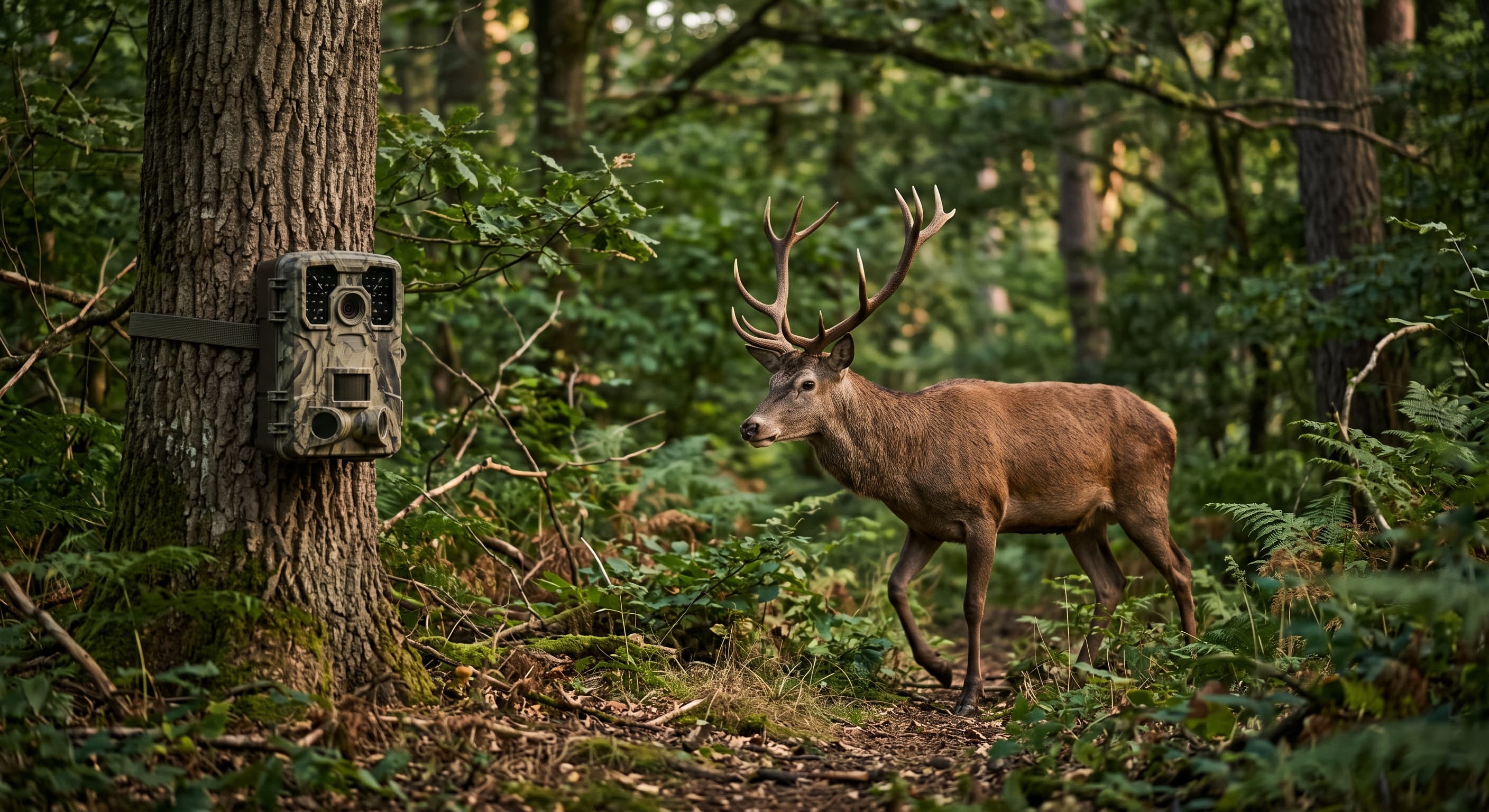 Caméra de chasse fixée sur un arbre en forêt, orientée vers une coulée de gibier