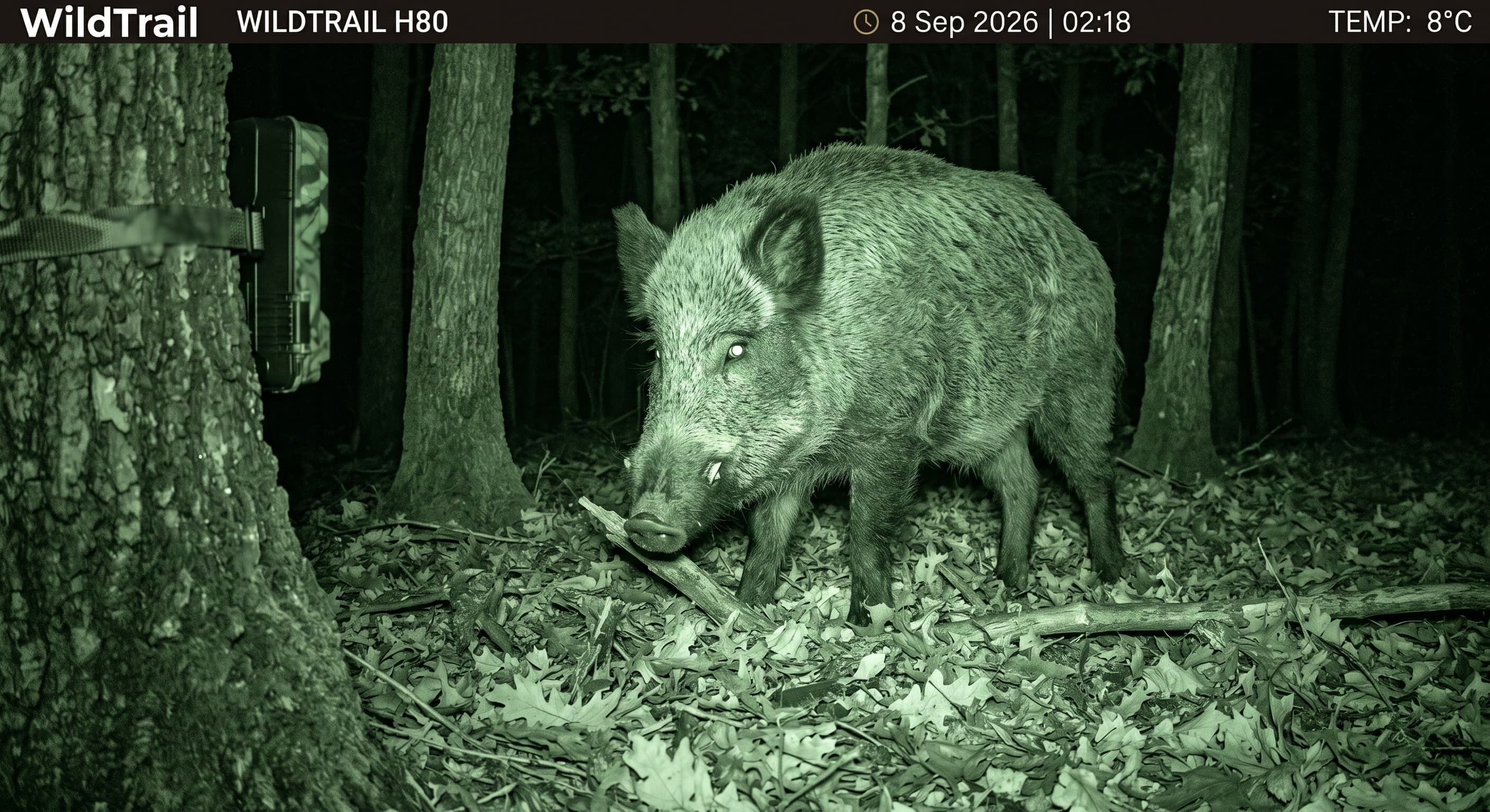 Sanglier photographié de nuit en vision infrarouge par une caméra de chasse fixée sur un arbre
